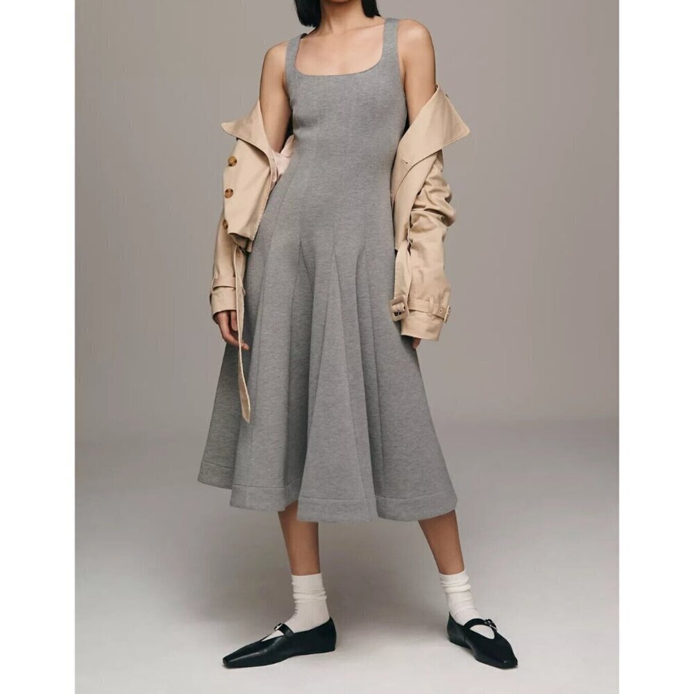 Du Paradis Anthropologie Grey Full Skirt Neoprene Midi Dress L